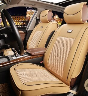 Leather imitation seat covers with textile inserts and zippers, beige 